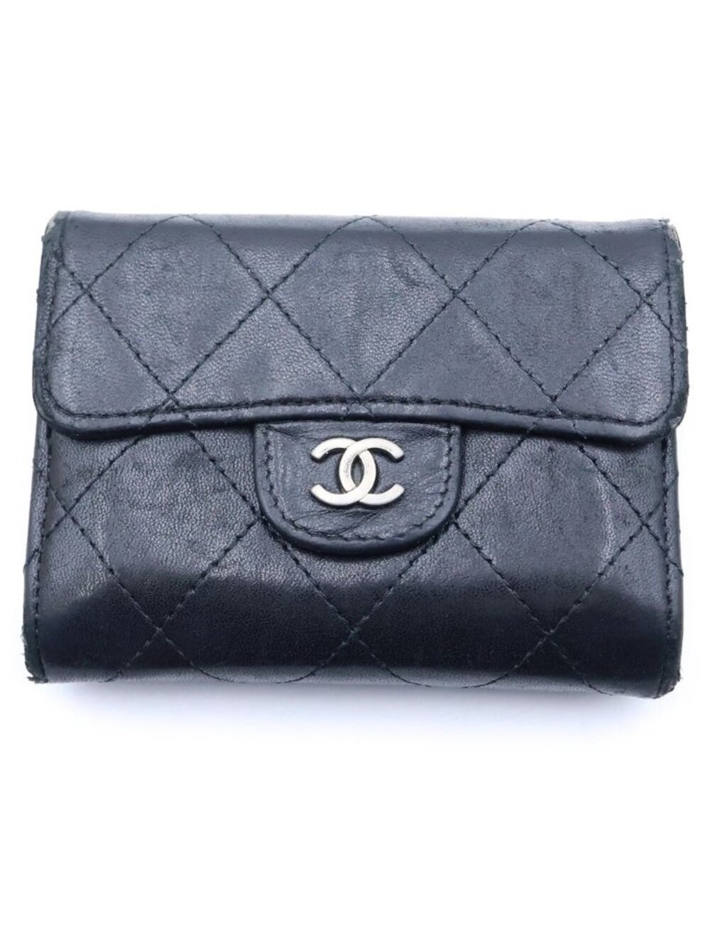 Chanel Quilted Coin Purse Black Lambskin Silver